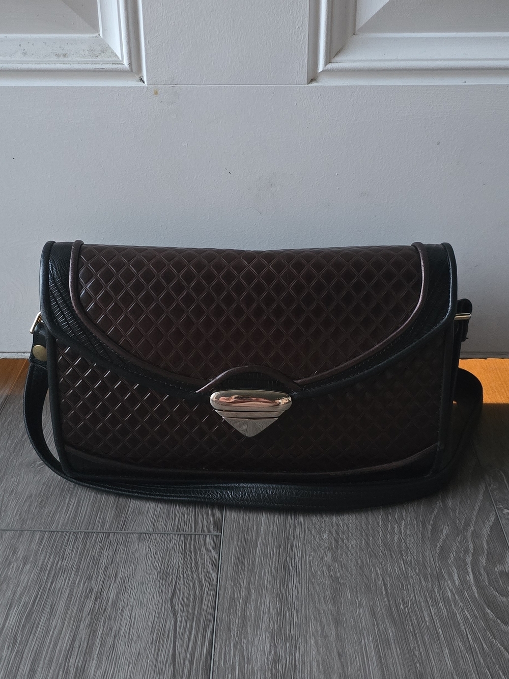 Vintage Leather Crossbody Bag Brown Embossed Geometric Panel Suede Interior 90s